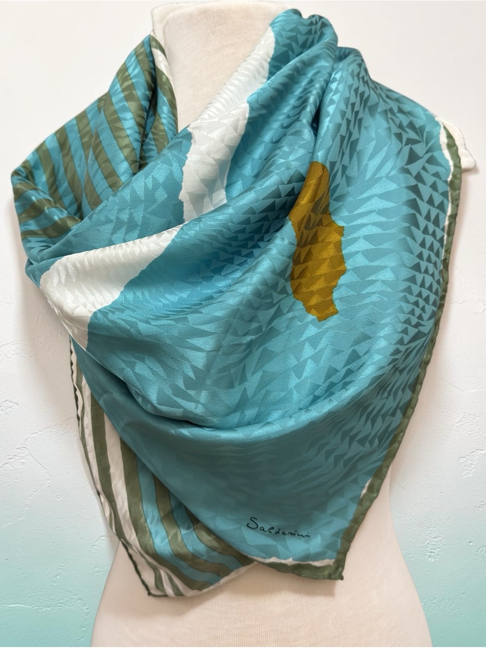 Saldarini Italy 100% Silk Scarf 34” Abstract Geometric Jacquard Aqua Blue